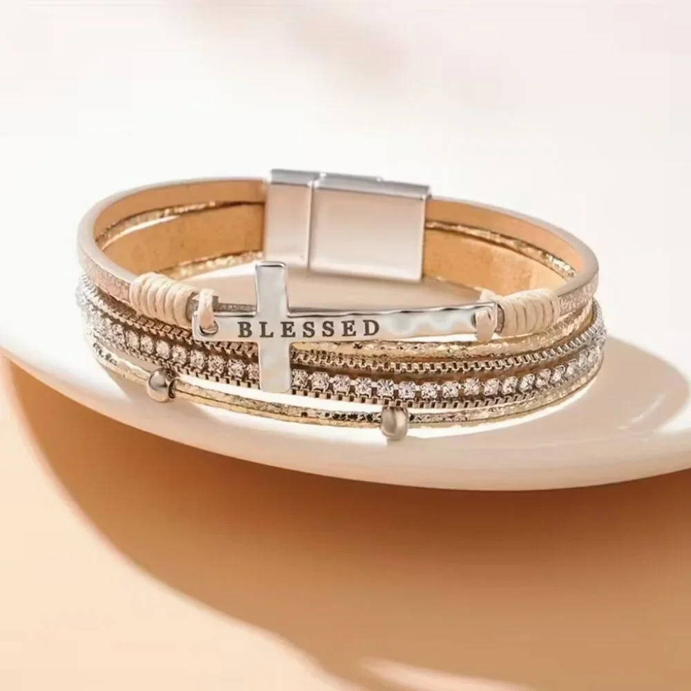 Rhinestone Blessed Cross Bracelet Magnetic Closure Vegan Woman's Gifts Boho NWT